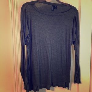 Gray boatneck silk and cotton long sleeve tee